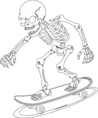 Minimalist illustration of a skull riding a skait, just lines.