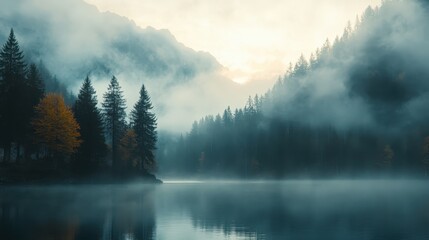 Fototapeta premium Mountain Lake Trees. Dreamlike Autumn Sunrise at Hintersee Lake in Bavaria