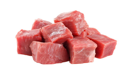 Fresh raw beef cubes isolated on clean white transparent background