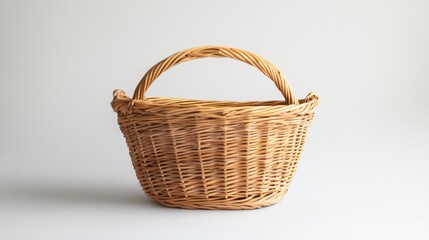 Obraz premium A rustic, light brown wicker basket with a curved handle, isolated on a white background.