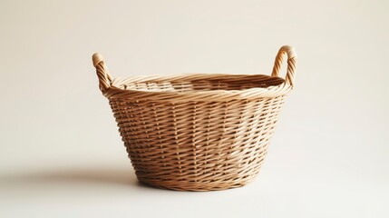 Obraz premium Empty light brown wicker basket with two handles on a beige background.