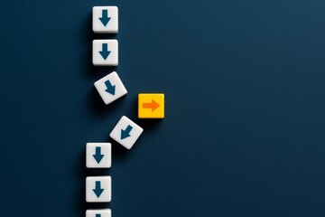 Unique Yellow Arrow Among White Down Arrows Business Concept Different Direction Choice Opportunity Innovation Strategy Alternative Path Success Vision Leadership Thinking Outside Box Problem Solving 