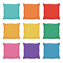 Color square pillows realistic vector illustration. Cotton decorative cushion with pattern rhombuses and triangles, dots and zigzag, striped pad front view, set isolated on transparent background