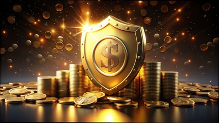 Fototapeta premium Golden Shield Protecting Dollar Coins with Sparkling Background