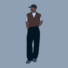 Minimalist Line Art of Stylish Man Wearing Vest and Cap, Trendy Male Figure Line Drawing with Modern Casual Outfit