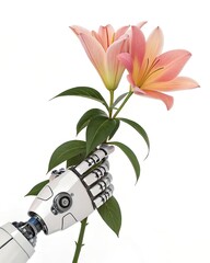 robot hands holding a beautiful flower
