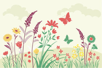 Wildflowers and butterflies silhouettes. Floral spring or summer field.
