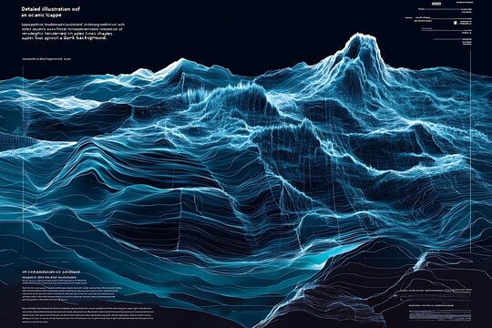 Abstract digital ocean waves with glowing blue lines and 3D mountainous terrain on dark background