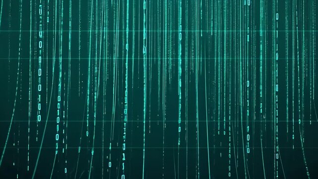 Abstract digital backdrop featuring cascading binary code on a dark green background, ideal for tech themes