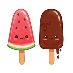 Cute Ice Cream Pairing: Elevate your visuals with this kawaii vector illustration of an adorable ice cream couple, isolated on a white background. Ideal for conveying sweetness and happiness