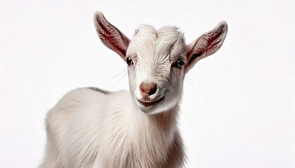 Obraz premium goat,animal,cute,white,baby,pet,farm,isolated,background,nature,young,fur,portrait,domestic,lamb,livestock,mammal,clean,adorable,small,fluffy,standing,innocent,bright,agriculture,field,hoofed,kid,peac