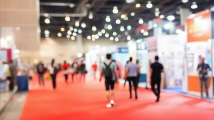 Blurred background of an exhibition hall with expo event and people walking around, focus on the busy environment, showcasing booths and visitors in the hall