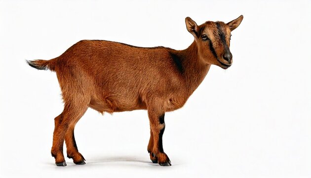  Brown agouti pygmy goat standing side ways with head turned and looking to camera, isolated 
