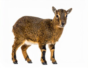 Obraz premium Brown agouti pygmy goat standing side ways with head turned and looking to camera, isolated 