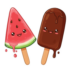 Cute Ice Cream Pairing: Elevate your visuals with this kawaii vector illustration of an adorable ice cream couple, isolated on a white background. Ideal for conveying sweetness and happiness