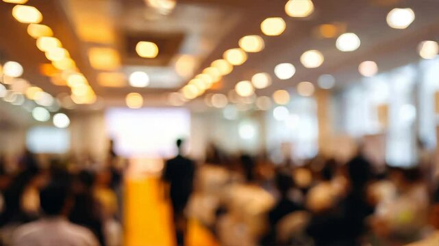 Blurred background of an event hall with people in the foreground, creating a busy atmosphere, crowded hall with people walking during an expo event or exhibition