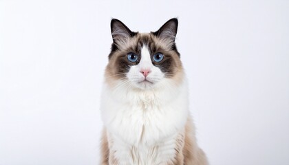  Pretty bicolor Ragdoll cat, sitting up facing front. Looking at camera with dark blue eyes.