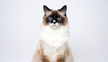  Pretty bicolor Ragdoll cat, sitting up facing front. Looking at camera with dark blue eyes.