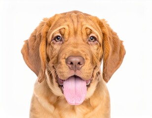 Obraz premium Funny head shot of cute red Cobberdog puppy, standing facing front. Looking curious towards 