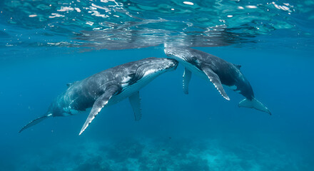 Naklejka premium Underwater Encounter: Humpback Whale Mothers and Calf