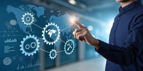 Businessman's hand using digital touch screen interface for global business network connection concept