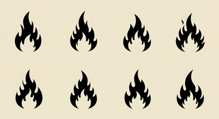 Naklejka premium A collection of eight stylized, black flame icons arranged in a grid pattern against a light background, perfect for adding a fiery touch to designs.