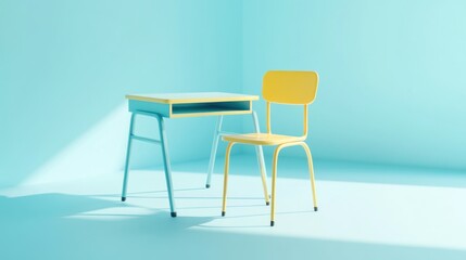 Simple school desk and chair in a light blue room