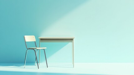 Simple study space with a table and chair in a minimalist light blue room