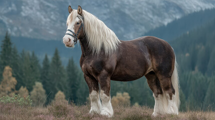 Fototapeta premium Majestic Black Forest horse stands proud in a lush green pasture surrounded by mountains