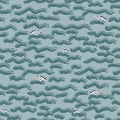 Naklejka premium Abstract, hand drawn pattern, sea and fish, blue colors. Seamless floral pattern-701.
