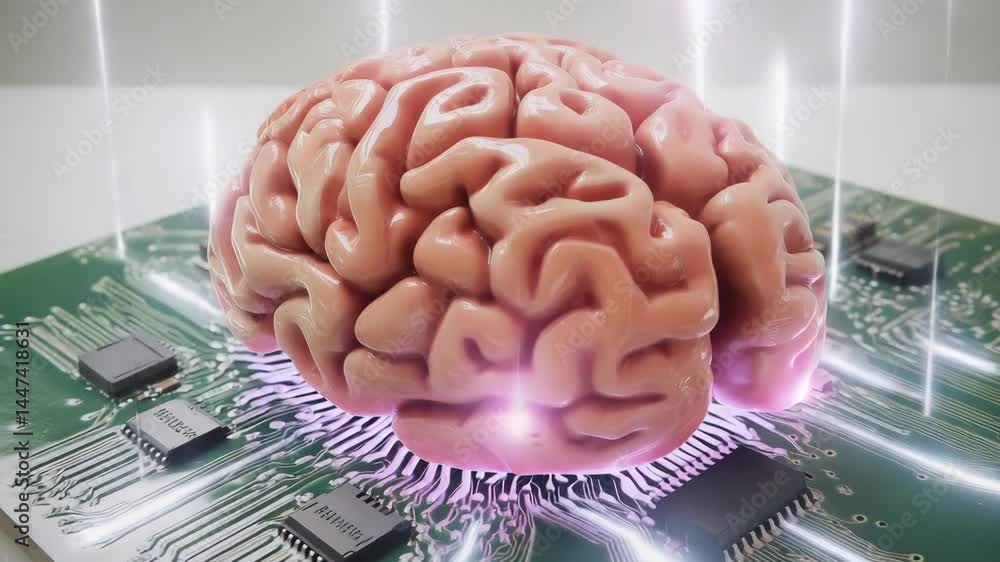 Poster exploring the intersection of technology and biology with a brain model on a circuit board