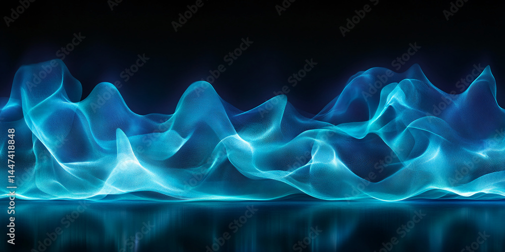 Poster Abstract image of flowing, luminous blue waves on dark background, creating a serene and dynamic atmosphere, suitable for design or presentation