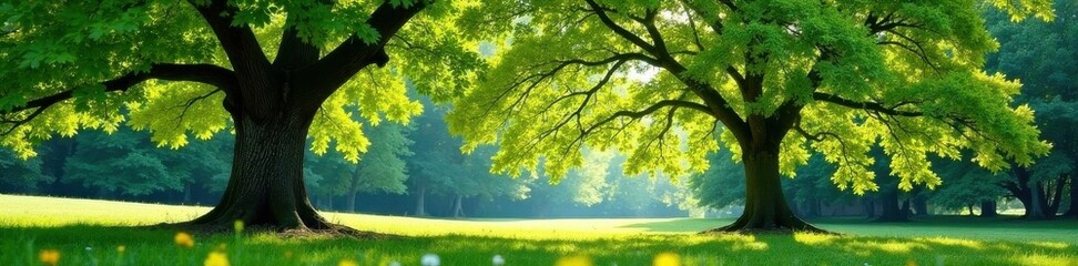 Lone oak, summer foliage, vibrant green canopy, natural, old