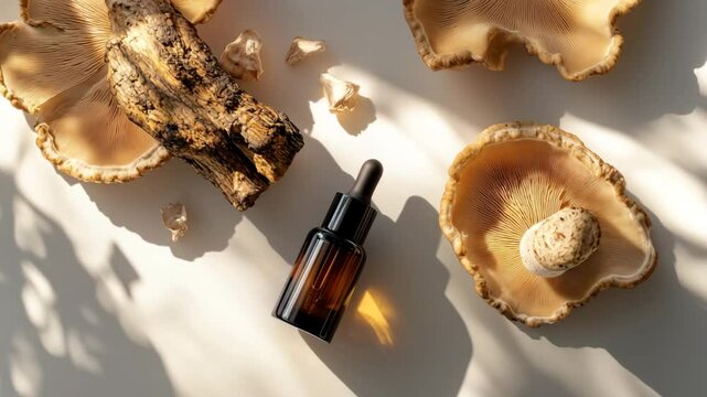 A minimalist flat lay composition featuring an amber glass dropper bottle surrounded by sliced mushrooms and textured wood on a light surface with soft natural shadows. 