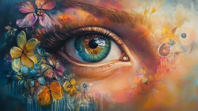 Vibrant colorful eye painting with floral details artistic surrealism blue gaze woman green style
