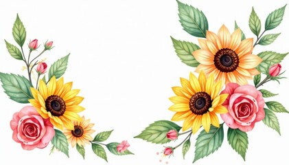 Obraz premium Delicate pink & yellow sunflowers, roses, leaves Watercolor bouquet , art, beautiful