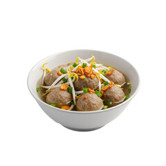 Fototapeta premium Bowl of meatball soup with bean sprouts and fried shallots. Aromatic and savory