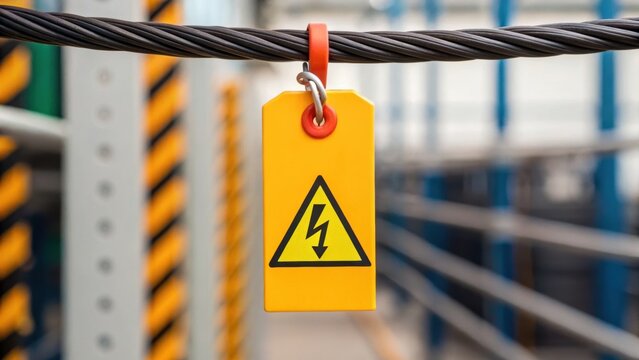 Warning tag hanging on a wire, indicating electrical risk in an industrial setting with blurred background elements.