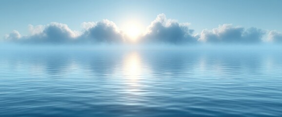 Obraz premium A serene view of clouds parting to reveal the sun, reflecting on calm blue water
