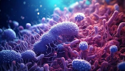 Obraz premium 3D Illustration of Microscopic View of Viruses, Bacteria, or Germs. 4K