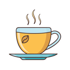 Illustration of tea cup hot drink beverage with steam and leaf design for cafe and restaurant