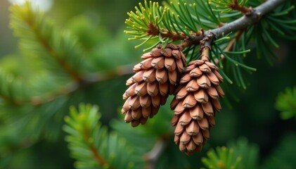 Fototapeta premium Mature pinecones clinging to branches of a pine tree , botanical garden, closeup, autumn