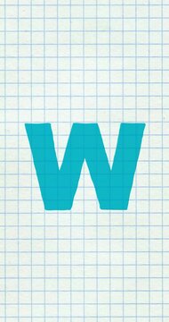 W letter big forming cartoon color vertical animation. Compatibile part of alphabet serie on exercise book grid background. Hand drawn bold educational style for children presentation, learning.