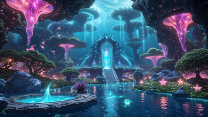 Enchanted underwater cityscape with bioluminescent flora and glowing portal to another world