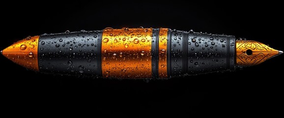 Gold-tipped pen with water droplets, displayed against stark black backdrop for enhanced contrast