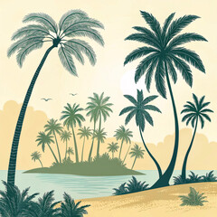Tropical Beach Landscape with Palm Trees and Ocean View – Vintage Summer Island Illustration