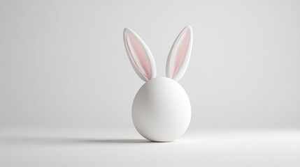 Obraz premium White egg with pink bunny ears on white background.