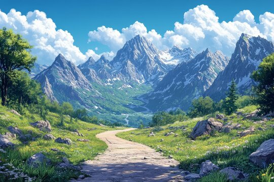 Mountain road, summer valley, scenic view, travel poster