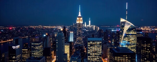 Obraz premium Night view, illuminated skyscrapers, Manhattan skyline , night, skyline, illuminated