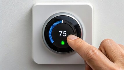 A hand adjusting a modern thermostat set to 75 degrees Fahrenheit, with a green indicator light on a wall-mounted unit.
